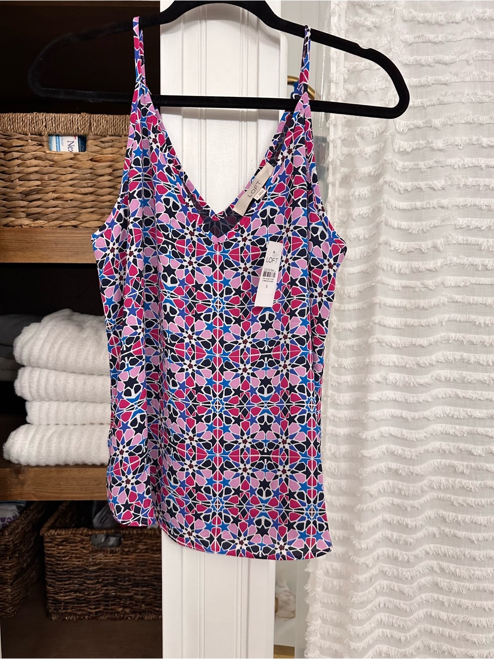 LOFT Pink and Navy Geometric Spaghetti Strap Camisole